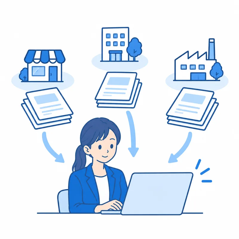 顧問先ごとの書類を1台のパソコンにまとめるイラスト