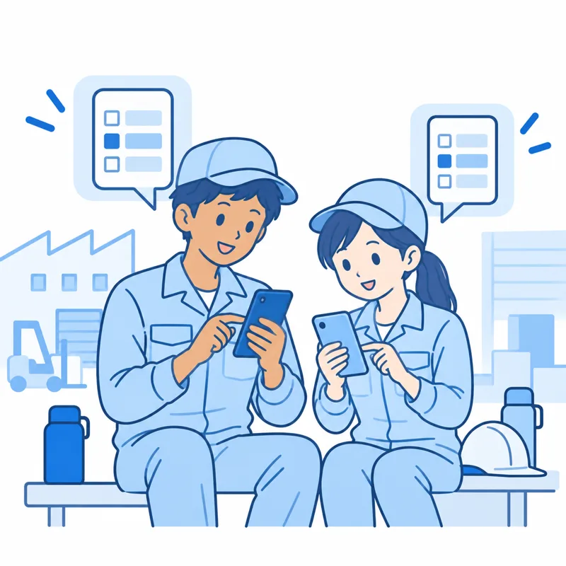 工場で働く外国人の社員がスマホで回答しているイラスト