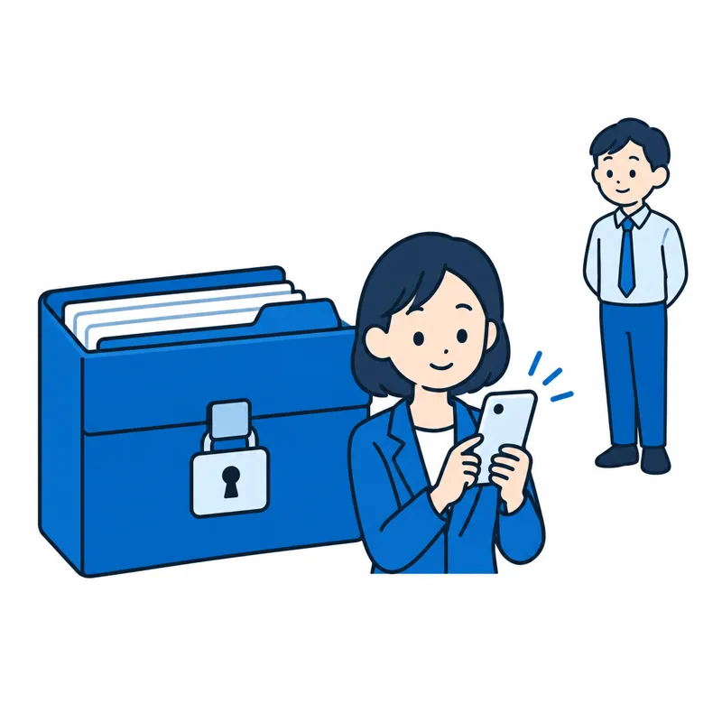 鍵のかかったファイルと、スマホを見る本人のイラスト