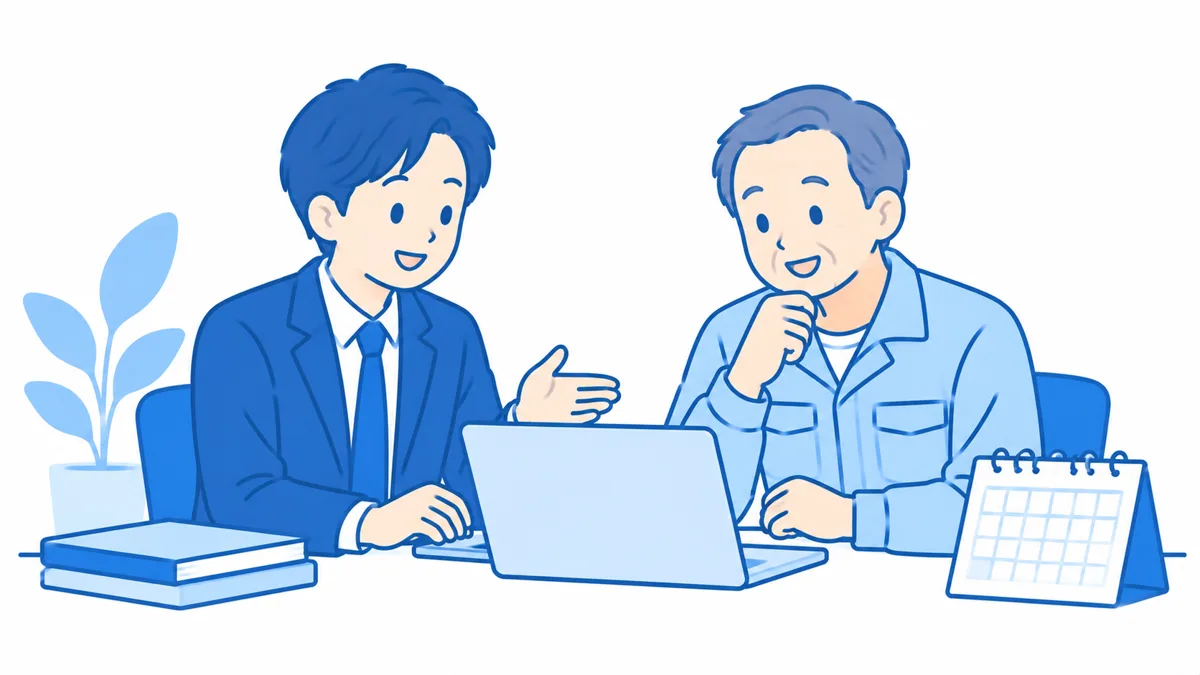 社労士事務所の担当者と会社の社長がパソコンを一緒に見て話しているイラスト